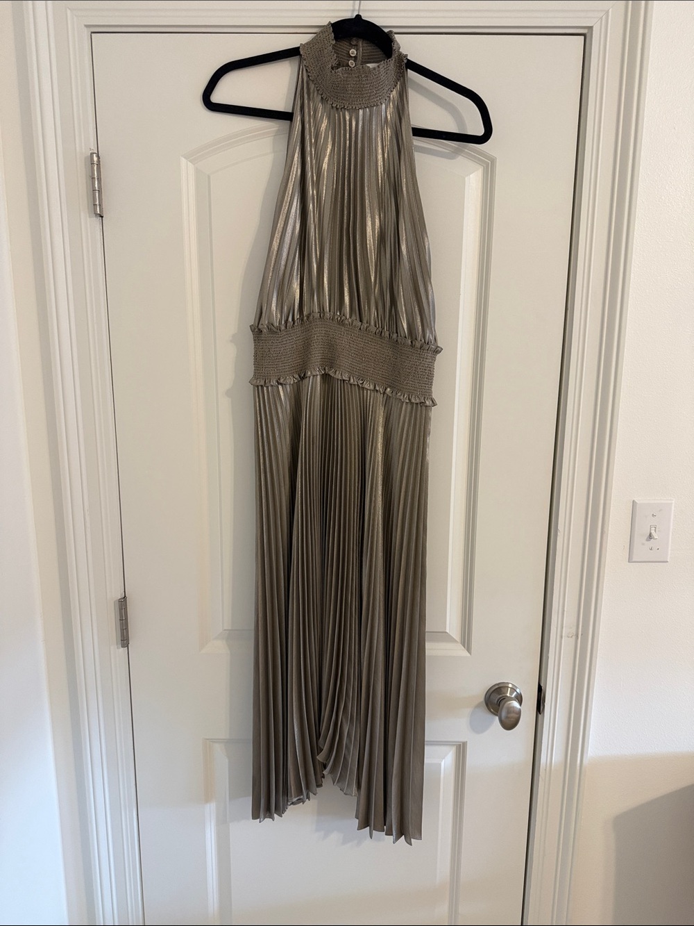 A.L.C. Metallic Taupe Pleated Halter Maxi Dress